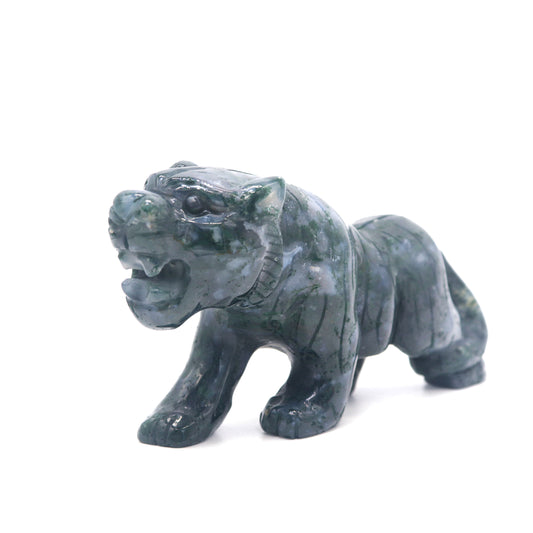 5.5" Hand Carved Moss Agate Tiger Crystal Animal Statues Quartz Healing Decor Reiki