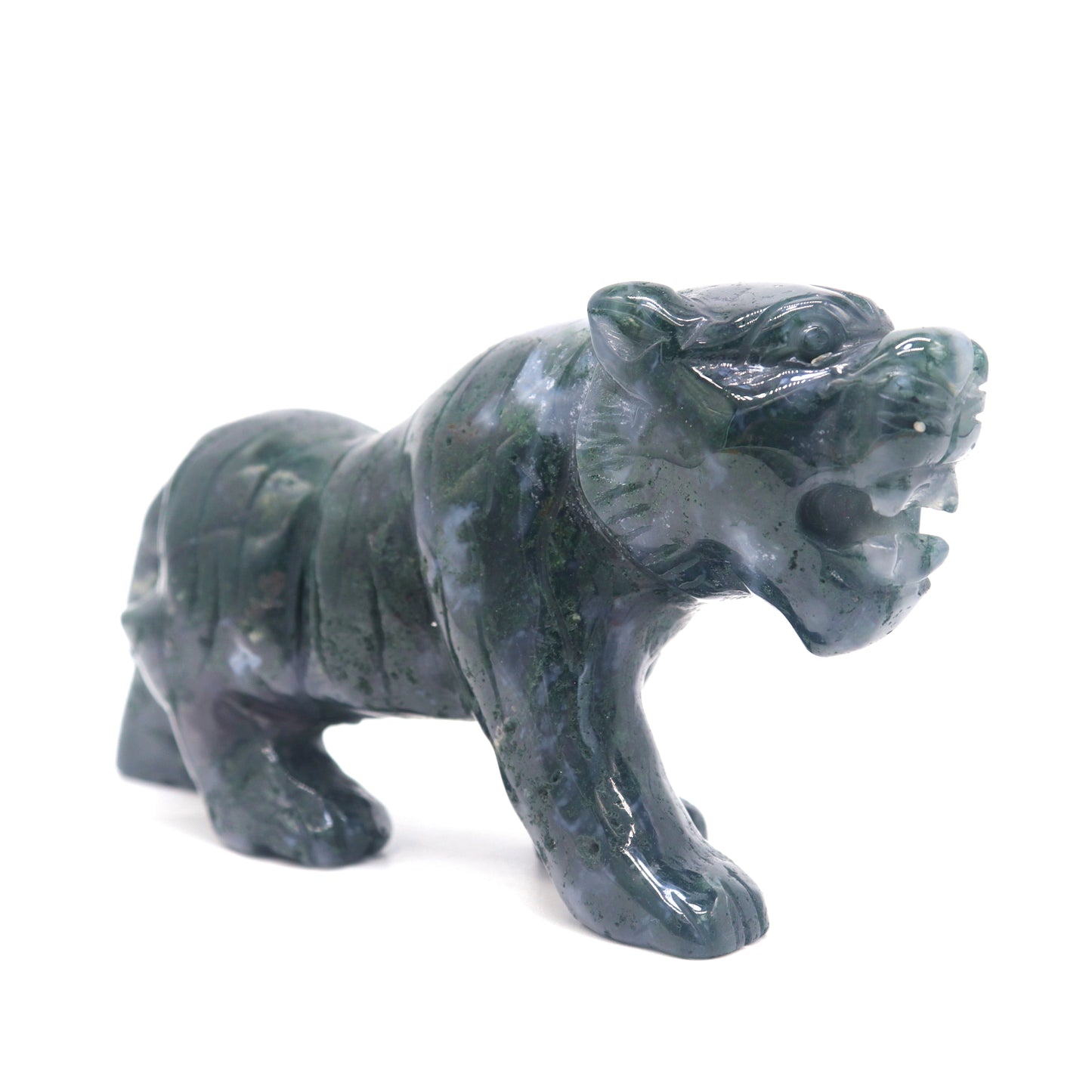 5.5" Hand Carved Moss Agate Tiger Crystal Animal Statues Quartz Healing Decor Reiki