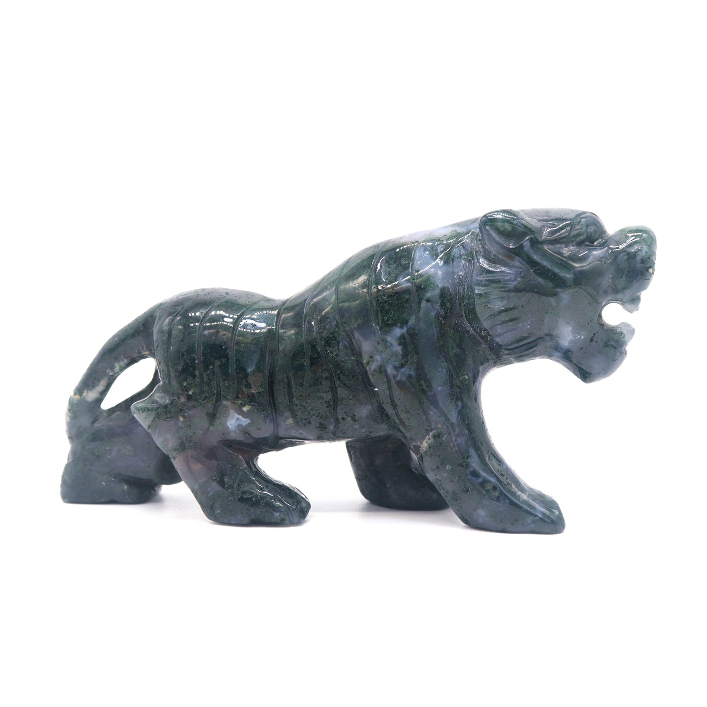 5.5" Hand Carved Moss Agate Tiger Crystal Animal Statues Quartz Healing Decor Reiki