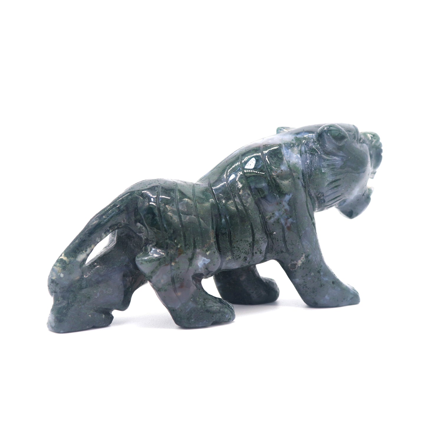 5.5" Hand Carved Moss Agate Tiger Crystal Animal Statues Quartz Healing Decor Reiki