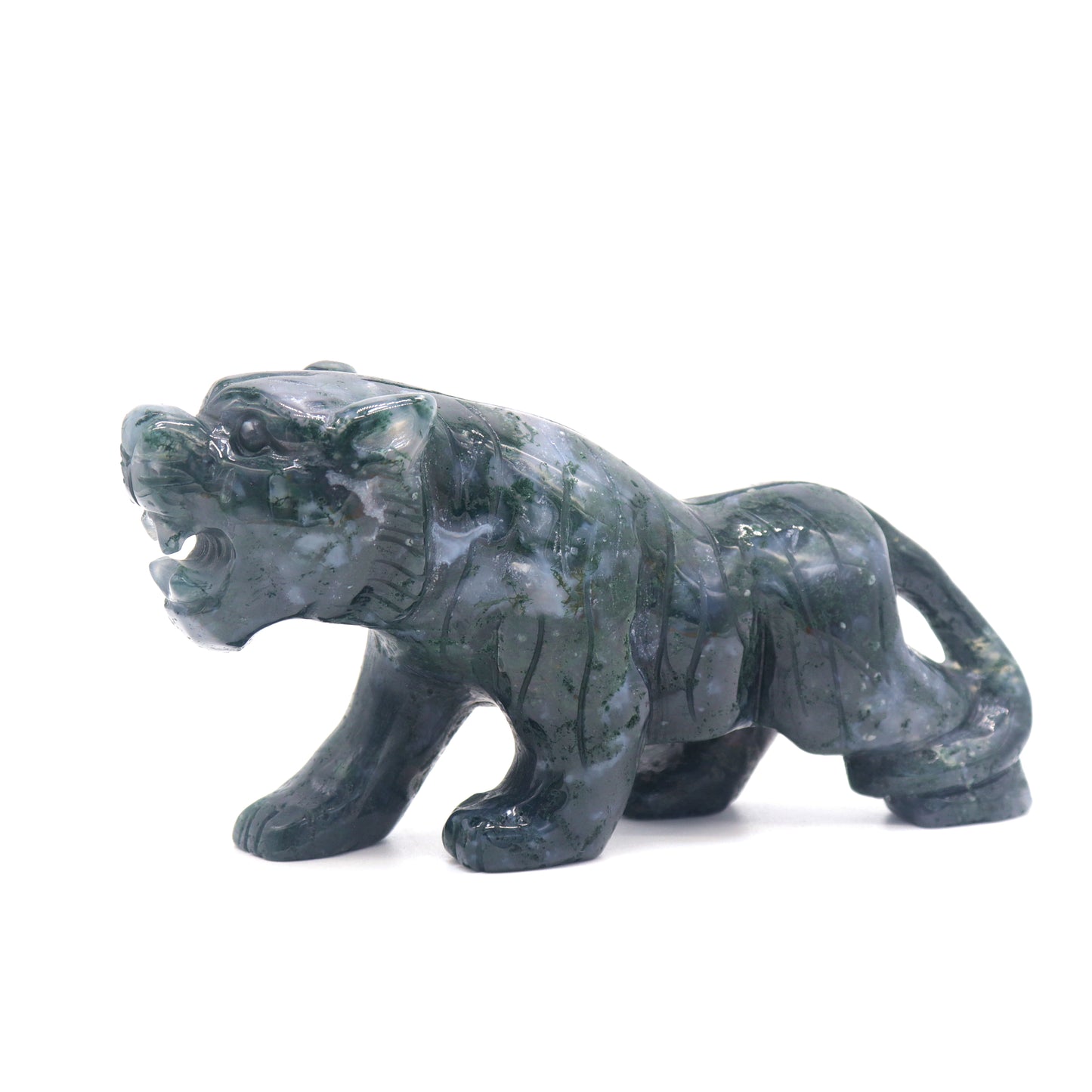 5.5" Hand Carved Moss Agate Tiger Crystal Animal Statues Quartz Healing Decor Reiki