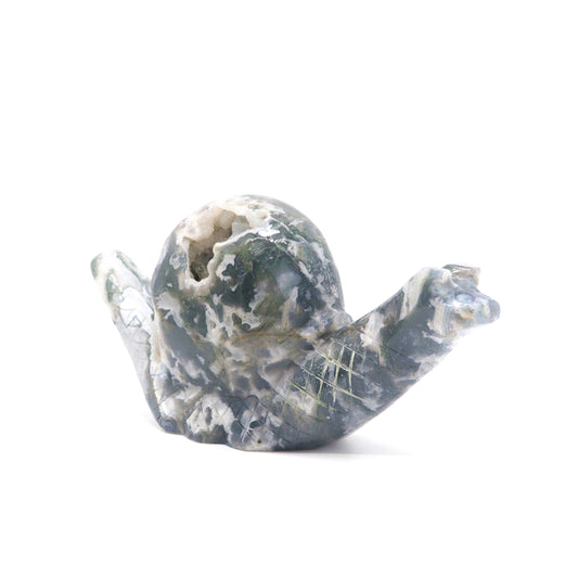 6.5" Hand Carved Moss Agate Snail Crystal Animal Statues Quartz Healing Decor Reiki