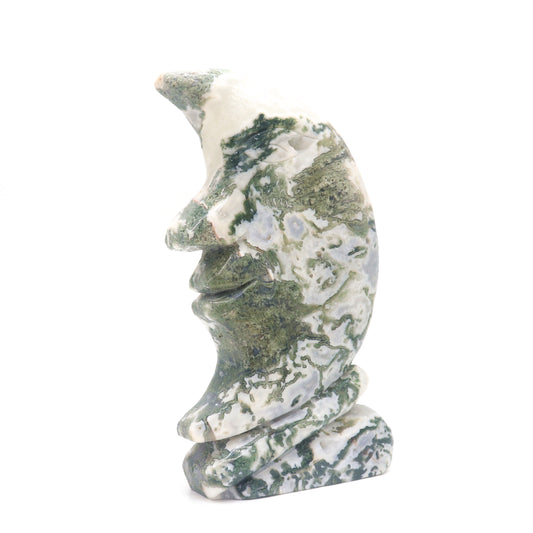 7" Hand Carved Moss Agate Moon Face Crystal Statues Quartz Healing Decor Reiki