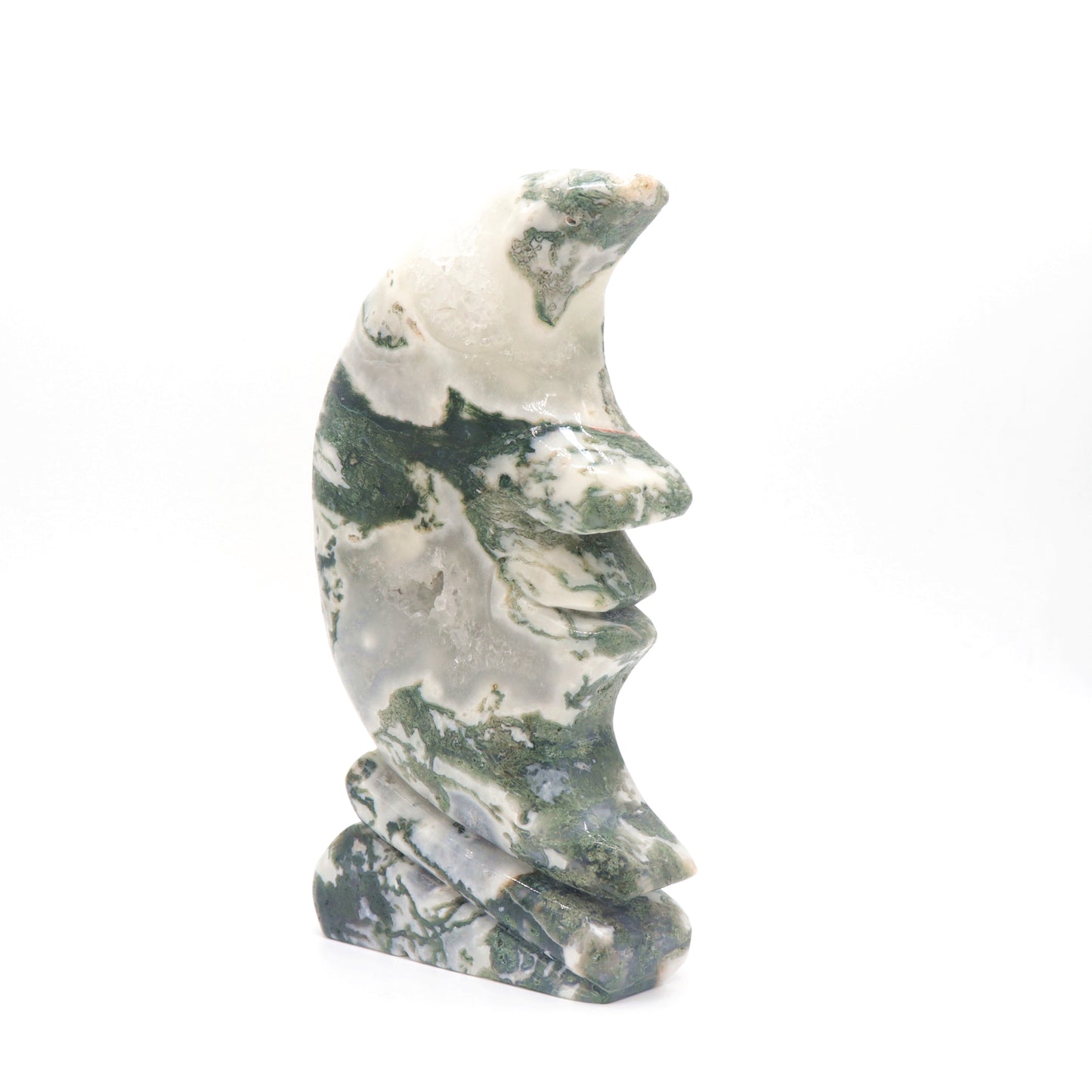 7" Hand Carved Moss Agate Moon Face Crystal Statues Quartz Healing Decor Reiki