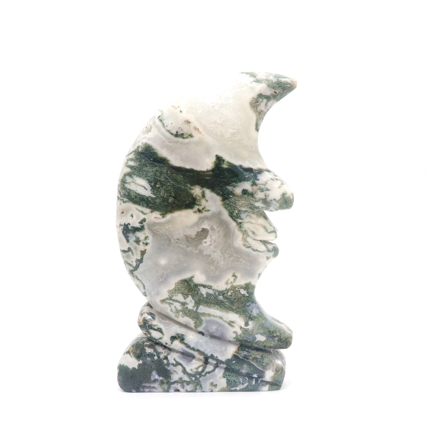 7" Hand Carved Moss Agate Moon Face Crystal Statues Quartz Healing Decor Reiki