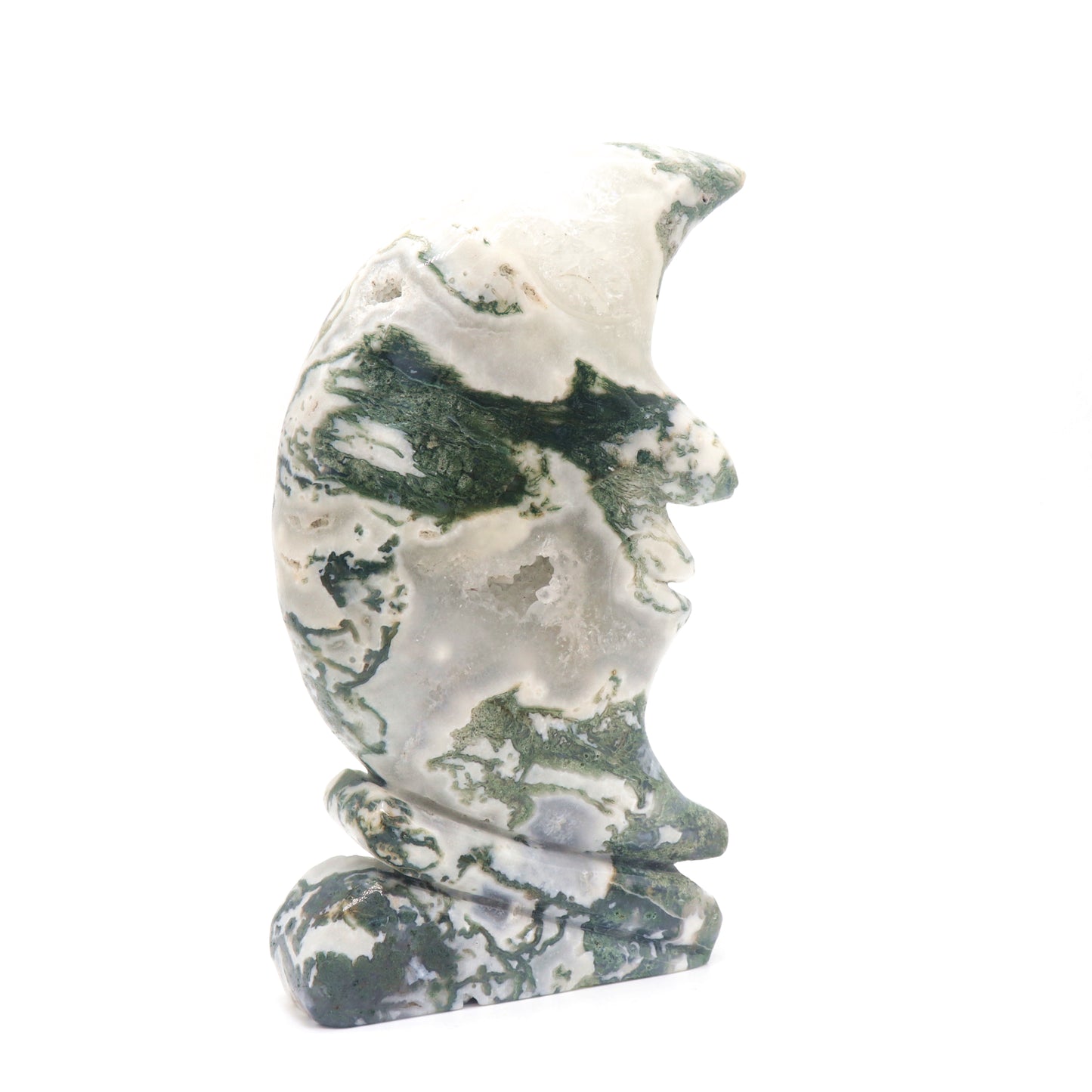 7" Hand Carved Moss Agate Moon Face Crystal Statues Quartz Healing Decor Reiki