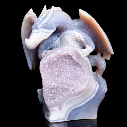 8.5" Hand Carved Druzy agate Crystal Dragon Sculpture Crystal Animal Carvings