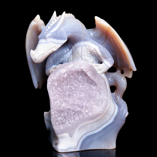 8.5" Hand Carved Druzy agate Crystal Dragon Sculpture Crystal Animal Carvings